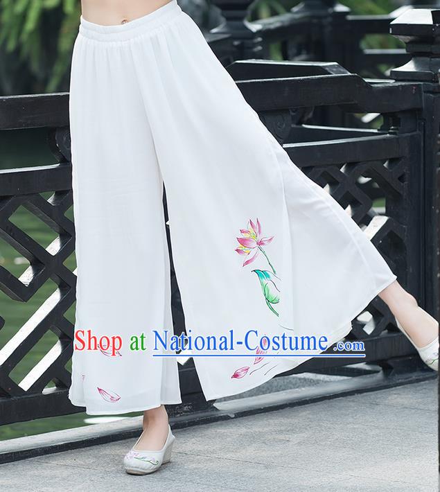 Traditional Chinese National Costume Loose Pants, Elegant Hanfu Hand Painting Lotus Chiffon White Wide leg Pants, China Ethnic Minorities Tang Suit Ultra-wide-leg Trousers for Women