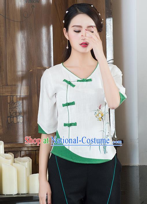 Traditional Chinese National Costume, Elegant Hanfu Printing Orchid Flowers Slant Opening White T-Shirt, China Tang Suit Republic of China Plated Buttons Chirpaur Blouse Cheong-sam Upper Outer Garment Qipao Shirts Clothing for Women