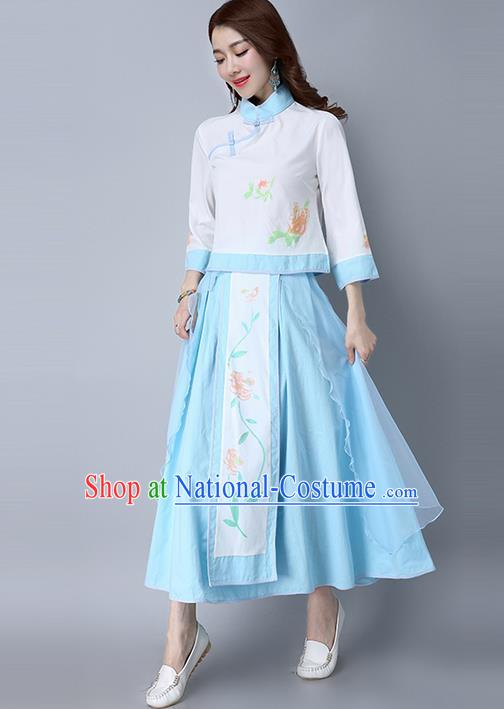 Traditional Chinese National Costume, Elegant Hanfu Printing Flowers Slant Opening Shirt and Skirt Complete Set, China Tang Suit Republic of China Plated Buttons Chirpaur Blouse Cheong-sam Upper Outer Garment Qipao Shirts and Dress for Women