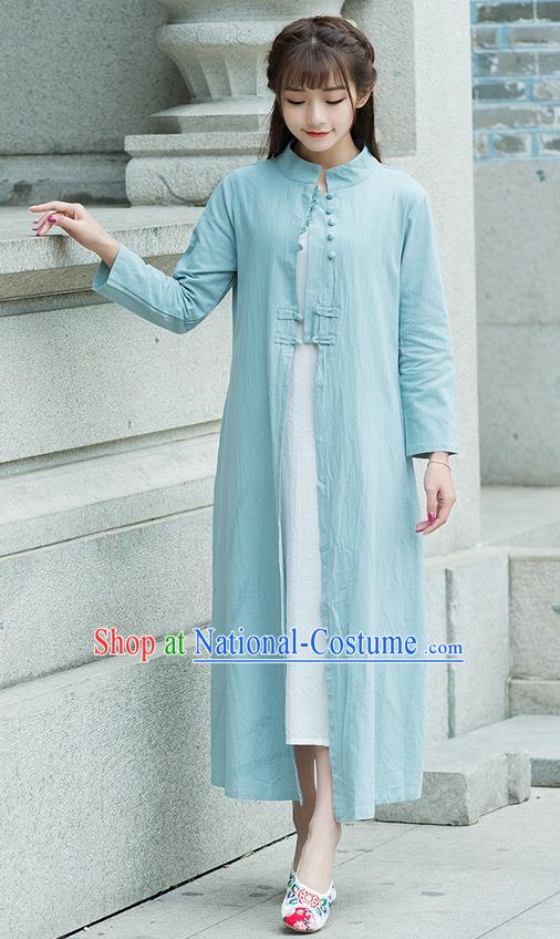 Traditional Ancient Chinese National Costume, Elegant Hanfu Stand Collar Blue Coat Robes, China Tang Suit Plated Buttons Cape, Upper Outer Garment Dust Coat Clothing for Women