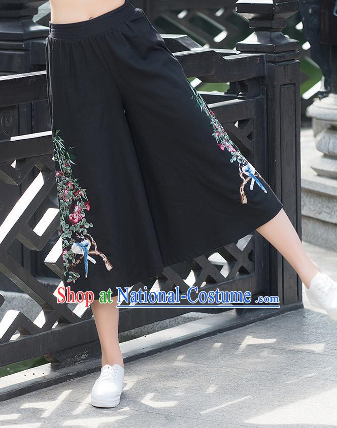 Traditional Chinese National Costume Loose Pants, Elegant Hanfu Embroidered Black Wide leg Pants, China Ethnic Minorities Tang Suit Ultra-wide-leg Trousers for Women