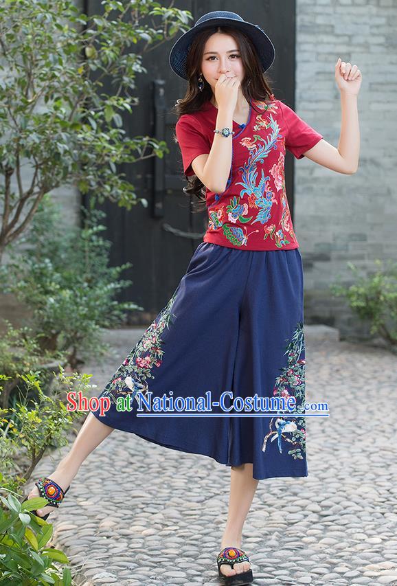 Traditional Chinese National Costume Loose Pants, Elegant Hanfu Embroidered Navy Wide leg Pants, China Ethnic Minorities Tang Suit Ultra-wide-leg Trousers for Women