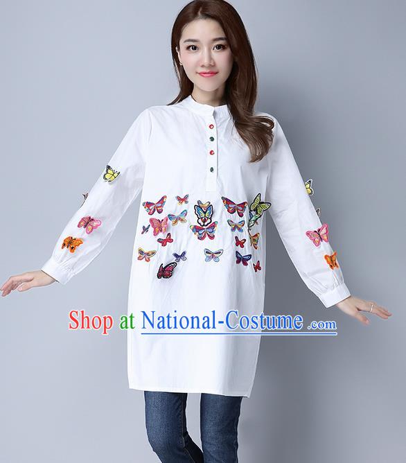 Traditional Chinese National Costume, Elegant Hanfu Patch Embroidery Butterfly White Shirt, China Tang Suit Republic of China Chirpaur Blouse Cheong-sam Upper Outer Garment Qipao Shirts Clothing for Women