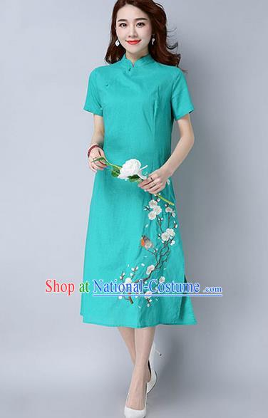 Traditional Ancient Chinese National Costume, Elegant Hanfu Mandarin Qipao Embroidery Peach Blossom Green Dress, China Tang Suit Chirpaur Republic of China Cheongsam Upper Outer Garment Elegant Dress Clothing for Women