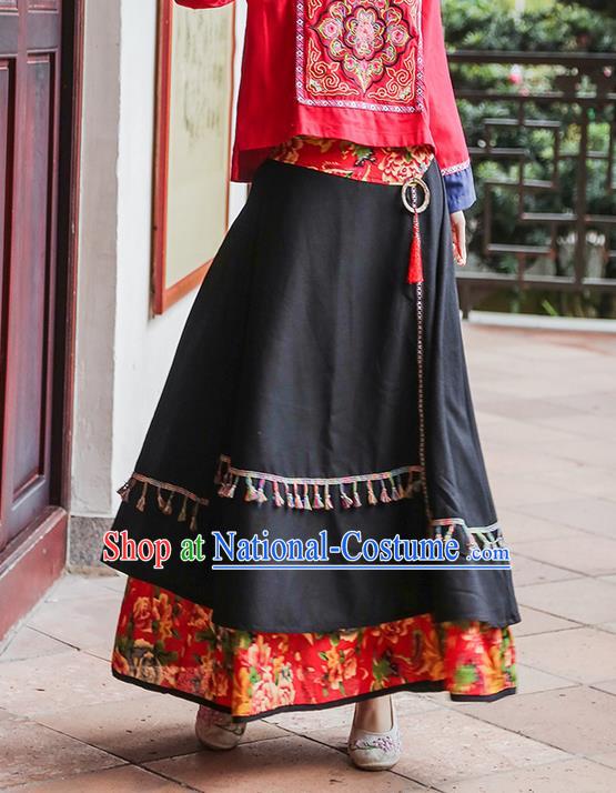 Traditional Ancient Chinese National Pleated Skirt Costume, Elegant Hanfu Red Patch Long Dress, China Tang Suit National Minority Bust Skirt for Women