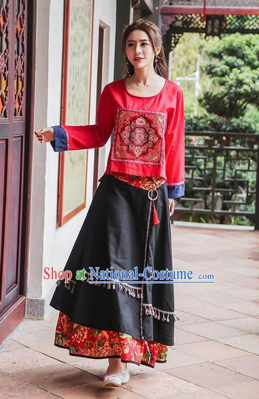 Traditional Chinese National Costume, Elegant Hanfu Embroidery Flowers Round Collar Red T-Shirt, China Tang Suit National Minority Blouse Cheong-sam Upper Outer Garment Qipao Shirts Clothing for Women