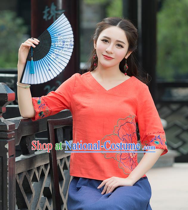 Traditional Chinese National Costume, Elegant Hanfu Embroidery Flowers Orange T-Shirt, China Tang Suit Republic of China Chirpaur Blouse Cheong-sam Upper Outer Garment Qipao Shirts Clothing for Women