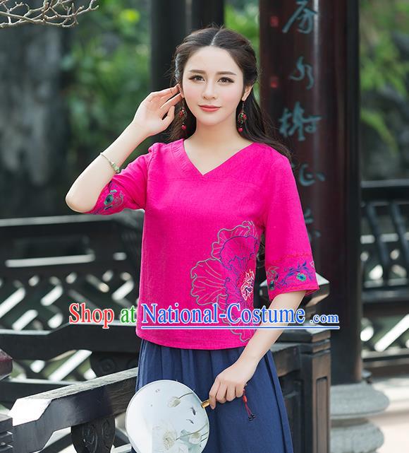 Traditional Chinese National Costume, Elegant Hanfu Embroidery Flowers Rose T-Shirt, China Tang Suit Republic of China Chirpaur Blouse Cheong-sam Upper Outer Garment Qipao Shirts Clothing for Women