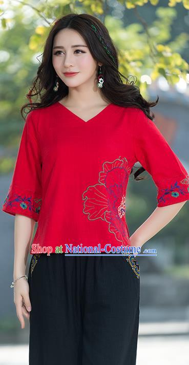 Traditional Chinese National Costume, Elegant Hanfu Embroidery Flowers Red T-Shirt, China Tang Suit Republic of China Chirpaur Blouse Cheong-sam Upper Outer Garment Qipao Shirts Clothing for Women