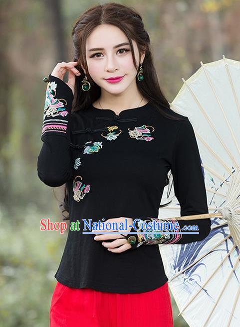 Traditional Chinese National Costume, Elegant Hanfu Embroidery Flowers Slant Opening Black Blouse, China Tang Suit Republic of China Plated Buttons Chirpaur Blouse Cheong-sam Upper Outer Garment Qipao Shirts Clothing for Women