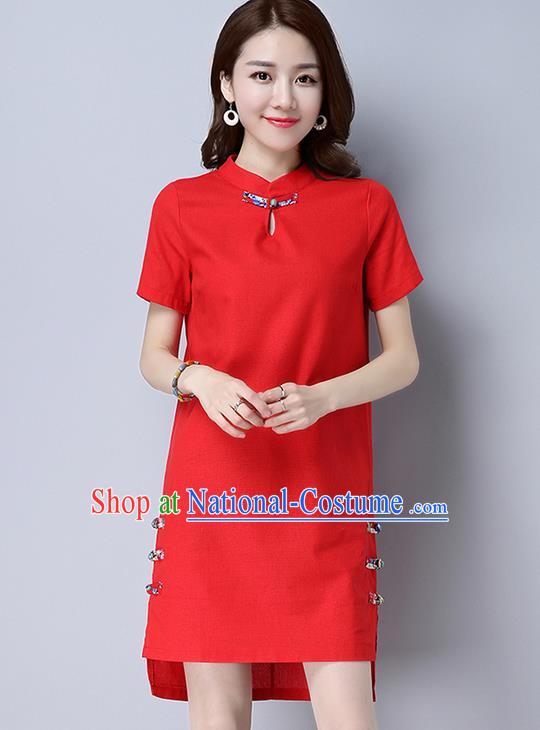 Traditional Ancient Chinese National Costume, Elegant Hanfu Mandarin Qipao Linen Red Dress, China Tang Suit Plated Buttons Chirpaur Republic of China Cheongsam Upper Outer Garment Elegant Dress Clothing for Women