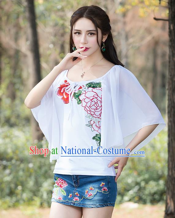 Traditional Chinese National Costume, Elegant Hanfu Embroidery Flowers White Blouse, China Tang Suit Republic of China Chirpaur Blouse Cheong-sam Upper Outer Garment Qipao Shirts Clothing for Women