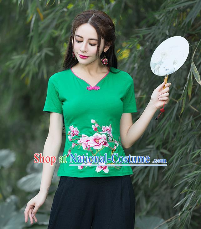 Traditional Chinese National Costume, Elegant Hanfu Embroidery Flowers Green T-Shirt, China Tang Suit Republic of China Plated Buttons Chirpaur Blouse Cheong-sam Upper Outer Garment Qipao Shirts Clothing for Women