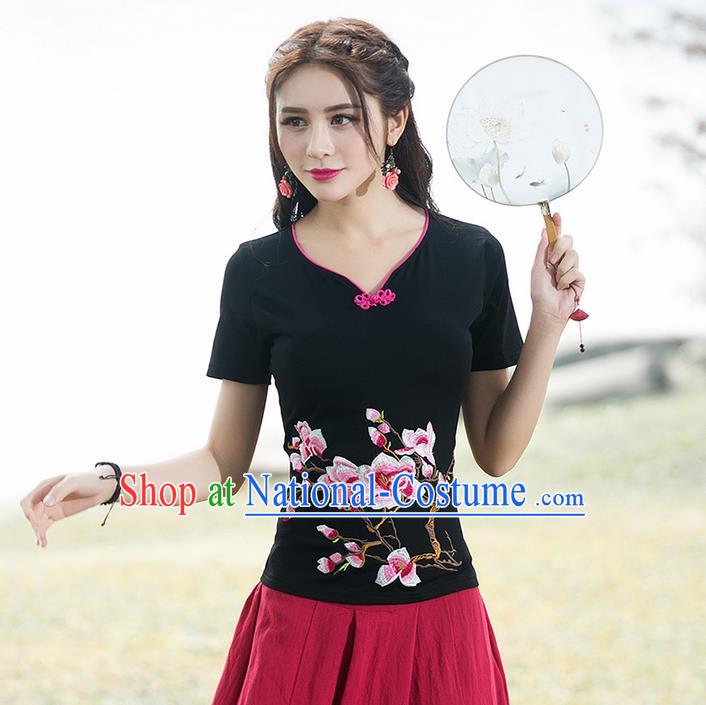 Traditional Chinese National Costume, Elegant Hanfu Embroidery Flowers Black T-Shirt, China Tang Suit Republic of China Plated Buttons Chirpaur Blouse Cheong-sam Upper Outer Garment Qipao Shirts Clothing for Women
