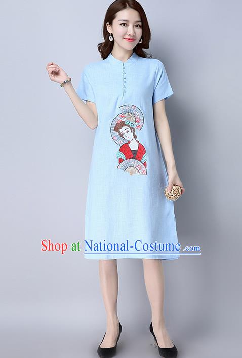 Traditional Ancient Chinese National Costume, Elegant Hanfu Mandarin Qipao Linen Embroidered Blue Dress, China Tang Suit Chirpaur Republic of China Cheongsam Upper Outer Garment Elegant Dress Clothing for Women