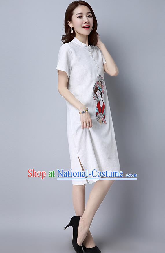 Traditional Ancient Chinese National Costume, Elegant Hanfu Mandarin Qipao Linen Embroidered White Dress, China Tang Suit Chirpaur Republic of China Cheongsam Upper Outer Garment Elegant Dress Clothing for Women