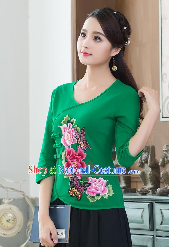 Traditional Chinese National Costume, Elegant Hanfu Embroidery Flowers Slant Opening Green Blouses, China Tang Suit Republic of China Plated Buttons Chirpaur Blouse Cheong-sam Upper Outer Garment Qipao Shirts Clothing for Women