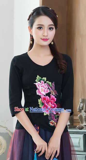 Traditional Chinese National Costume, Elegant Hanfu Embroidery Flowers Slant Opening Black Blouses, China Tang Suit Republic of China Plated Buttons Chirpaur Blouse Cheong-sam Upper Outer Garment Qipao Shirts Clothing for Women