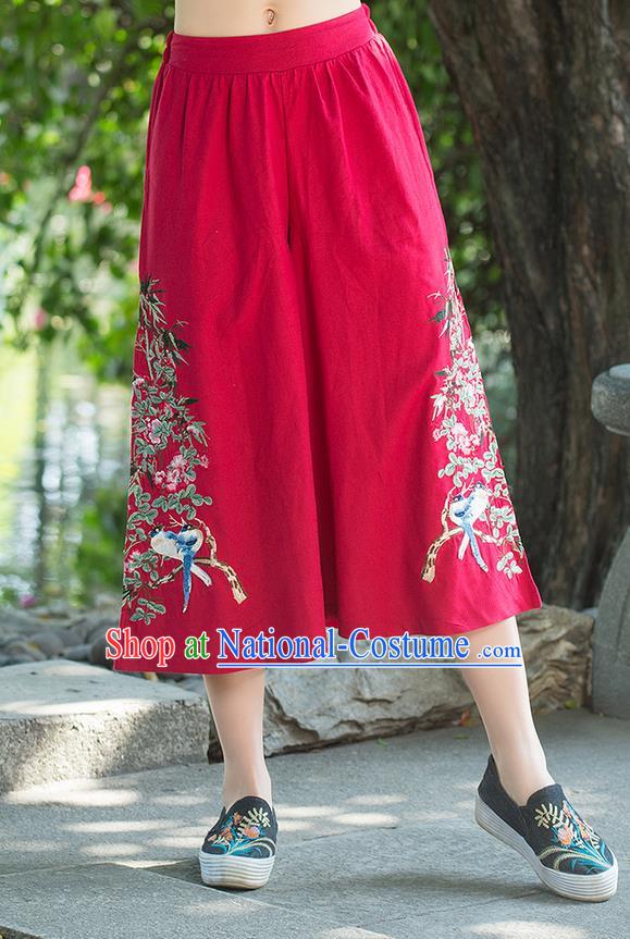 Traditional Chinese National Costume Loose Pants, Elegant Hanfu Embroidered Red Wide leg Pants, China Ethnic Minorities Tang Suit Ultra-wide-leg Trousers for Women