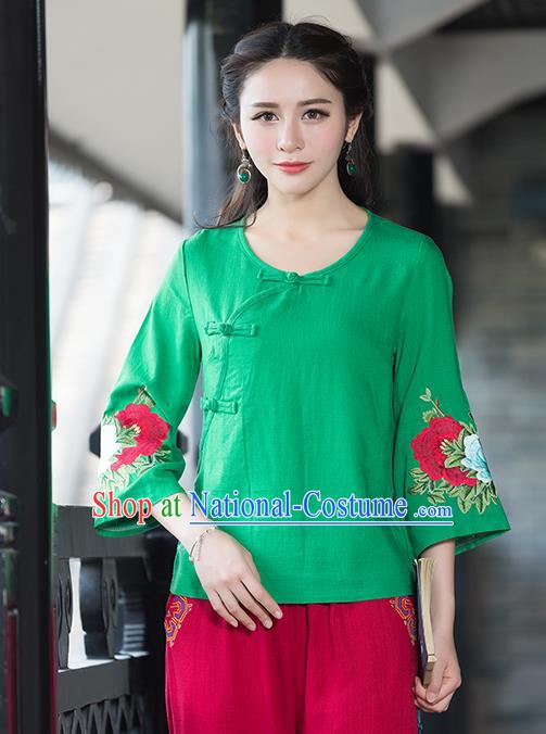 Traditional Chinese National Costume, Elegant Hanfu Embroidery Flowers Slant Opening Mandarin Sleeve Green T-Shirt, China Tang Suit Republic of China Plated Buttons Chirpaur Blouse Cheong-sam Upper Outer Garment Qipao Shirts Clothing for Women