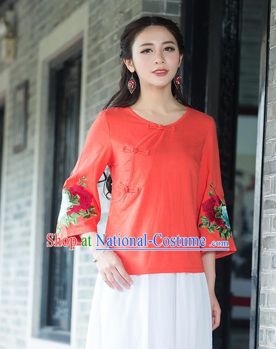 Traditional Chinese National Costume, Elegant Hanfu Embroidery Flowers Slant Opening Mandarin Sleeve Orange T-Shirt, China Tang Suit Republic of China Plated Buttons Chirpaur Blouse Cheong-sam Upper Outer Garment Qipao Shirts Clothing for Women