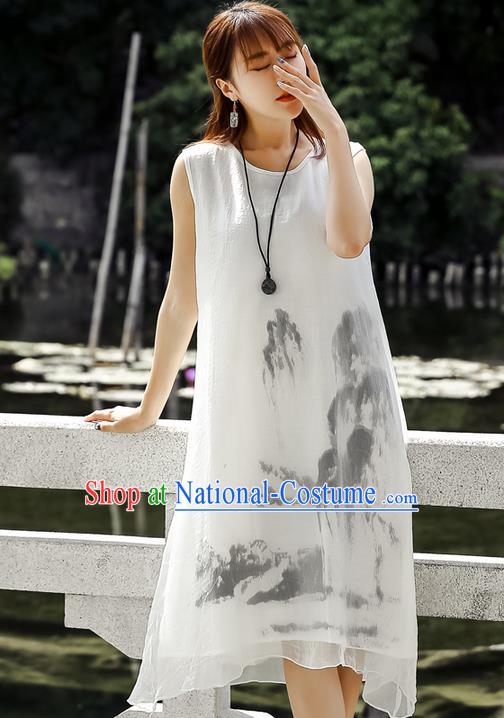 Traditional Ancient Chinese National Costume, Elegant Hanfu Ink Painting White Dress, China Tang Suit Chirpaur Republic of China Cheongsam Upper Outer Garment Elegant Dress Clothing for Women