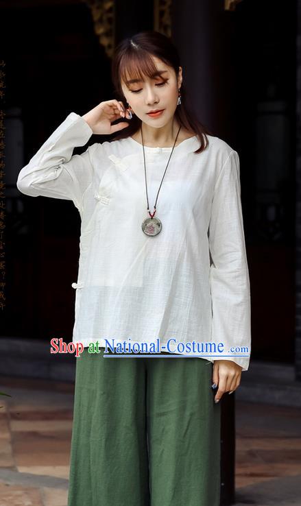 Traditional Chinese National Costume, Elegant Hanfu Linen Slant Opening White Shirt, China Tang Suit Republic of China Plated Buttons Chirpaur Blouse Cheong-sam Upper Outer Garment Qipao Shirts Clothing for Women