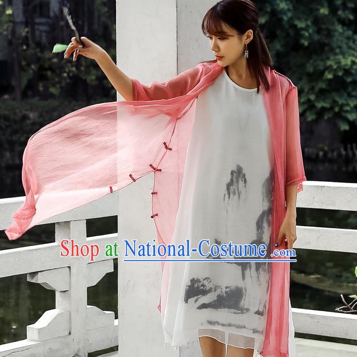 Traditional Ancient Chinese National Costume, Elegant Hanfu Chiffon Pink Cardigan Coat, China Tang Suit Plated Buttons Cape, Upper Outer Garment Dust Coat Cloak Clothing for Women