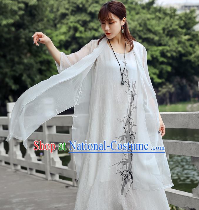 Traditional Ancient Chinese National Costume, Elegant Hanfu Chiffon White Cardigan Coat, China Tang Suit Plated Buttons Cape, Upper Outer Garment Dust Coat Cloak Clothing for Women