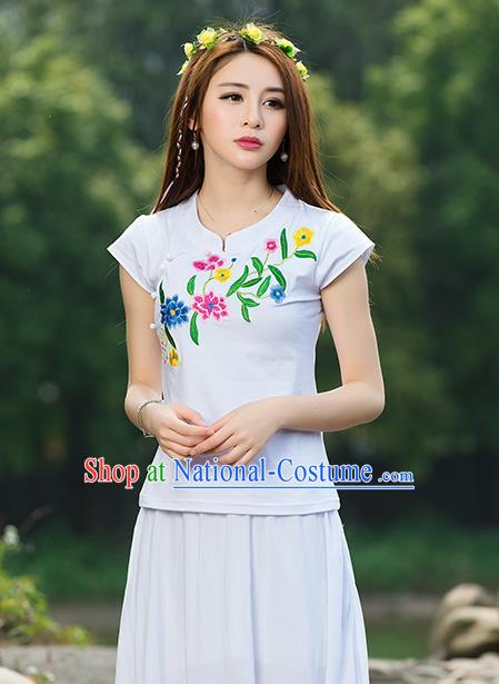 Traditional Chinese National Costume, Elegant Hanfu Embroidery Flowers White T-Shirt, China Tang Suit Republic of China Plated Buttons Chirpaur Blouse Cheong-sam Upper Outer Garment Qipao Shirts Clothing for Women