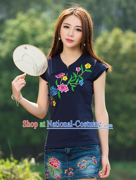 Traditional Chinese National Costume, Elegant Hanfu Embroidery Flowers Navy T-Shirt, China Tang Suit Republic of China Plated Buttons Chirpaur Blouse Cheong-sam Upper Outer Garment Qipao Shirts Clothing for Women