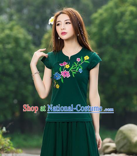 Traditional Chinese National Costume, Elegant Hanfu Embroidery Flowers Green T-Shirt, China Tang Suit Republic of China Plated Buttons Chirpaur Blouse Cheong-sam Upper Outer Garment Qipao Shirts Clothing for Women