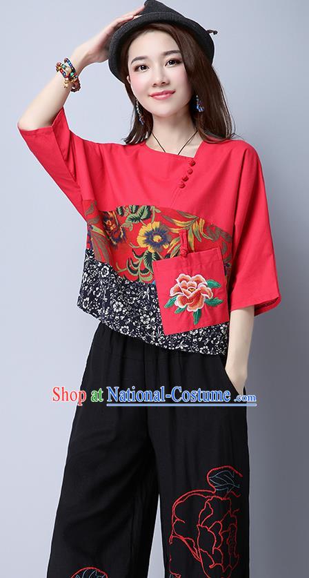 Traditional Chinese National Costume, Elegant Hanfu Patch Embroidery Flowers Red Blouse, China Tang Suit Republic of China Plated Buttons Chirpaur Blouse Cheong-sam Upper Outer Garment Qipao Shirts Clothing for Women