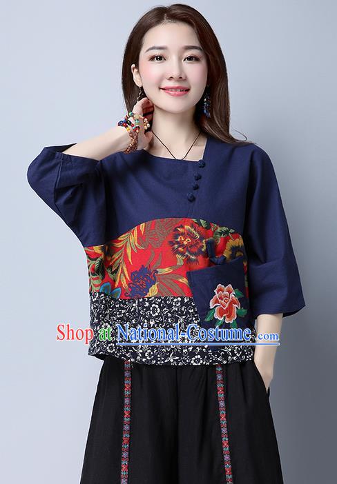 Traditional Chinese National Costume, Elegant Hanfu Patch Embroidery Flowers Navy Blouse, China Tang Suit Republic of China Plated Buttons Chirpaur Blouse Cheong-sam Upper Outer Garment Qipao Shirts Clothing for Women