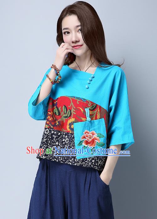 Traditional Chinese National Costume, Elegant Hanfu Patch Embroidery Flowers Blue Blouse, China Tang Suit Republic of China Plated Buttons Chirpaur Blouse Cheong-sam Upper Outer Garment Qipao Shirts Clothing for Women