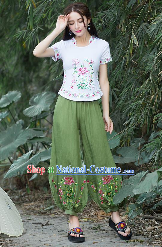 Traditional Chinese National Costume Plus Fours, Elegant Hanfu Embroidered Flowers Green Bloomers, China Ethnic Minorities Tang Suit Pantalettes for Women