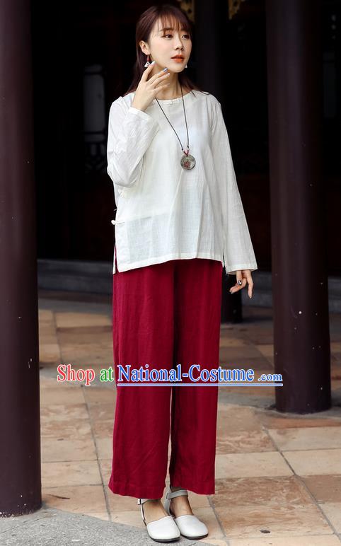 Traditional Chinese National Costume Loose Pants, Elegant Hanfu Linen Red Wide leg Pants, China Ethnic Minorities Tang Suit Folk Dance Ultra-wide-leg Trousers for Women