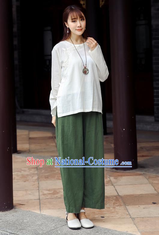 Traditional Chinese National Costume Loose Pants, Elegant Hanfu Linen Green Wide leg Pants, China Ethnic Minorities Tang Suit Folk Dance Ultra-wide-leg Trousers for Women