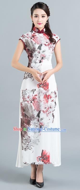 Traditional Ancient Chinese National Costume, Elegant Hanfu Mandarin Qipao Chiffon Hand Painting Dress, China Tang Suit Chirpaur Republic of China Cheongsam Upper Outer Garment Elegant Dress Clothing for Women