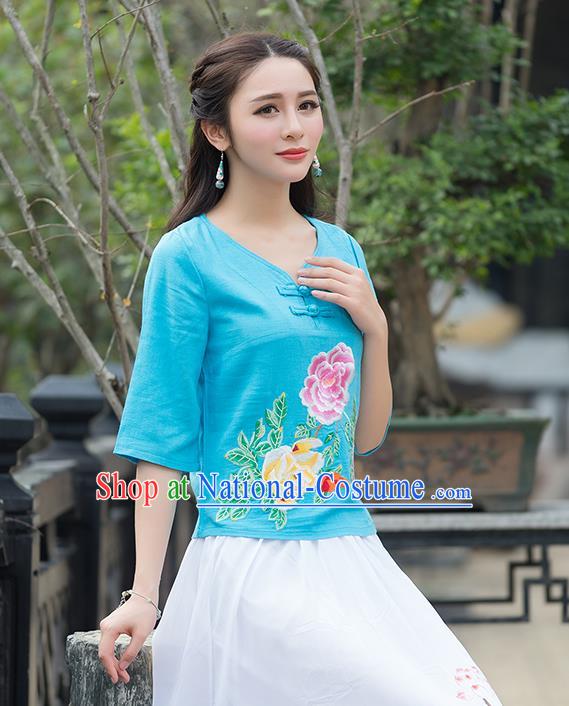 Traditional Chinese National Costume, Elegant Hanfu Embroidery Flowers Blue T-Shirt, China Tang Suit Republic of China Plated Buttons Chirpaur Blouse Cheong-sam Upper Outer Garment Qipao Shirts Clothing for Women