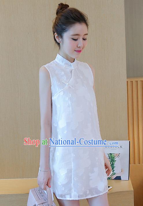 Traditional Ancient Chinese National Costume, Elegant Hanfu Jacquard Slant Opening Plated Buttons White Dress, China Tang Suit Chirpaur Republic of China Cheongsam Upper Outer Garment Elegant Dress Clothing for Women