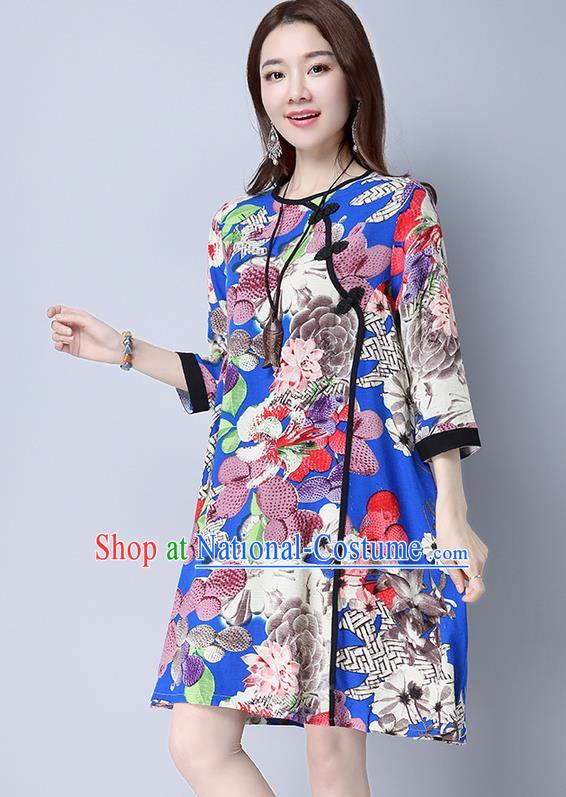 Traditional Ancient Chinese National Costume, Elegant Hanfu Linen Slant Opening Plated Buttons Blue Dress, China Tang Suit Chirpaur Republic of China Cheongsam Upper Outer Garment Elegant Dress Clothing for Women