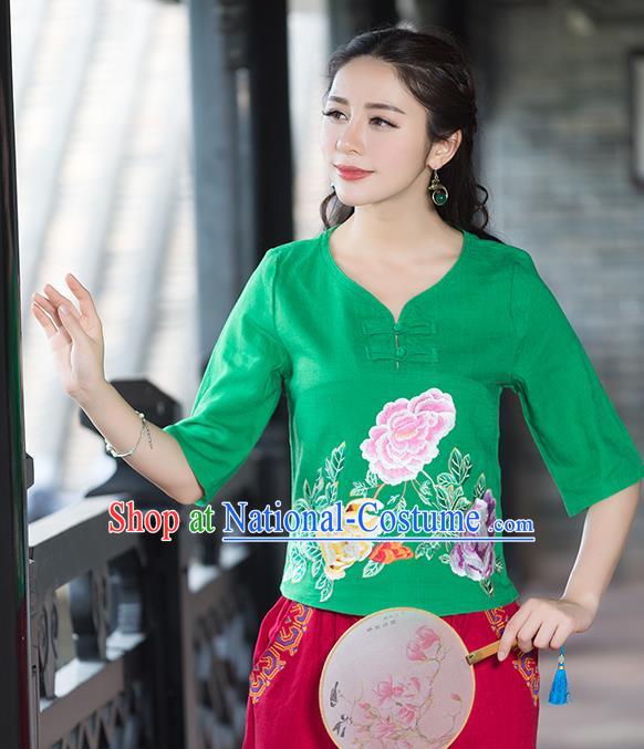 Traditional Chinese National Costume, Elegant Hanfu Embroidery Flowers Green T-Shirt, China Tang Suit Republic of China Plated Buttons Chirpaur Blouse Cheong-sam Upper Outer Garment Qipao Shirts Clothing for Women