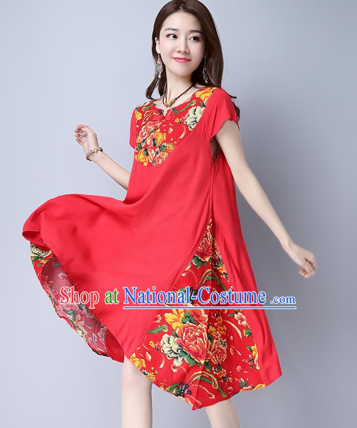 Traditional Ancient Chinese National Costume, Elegant Hanfu Mandarin Qipao Linen Peony Flowers Red Dress, China Tang Suit Chirpaur Republic of China Cheongsam Upper Outer Garment Elegant Dress Clothing for Women