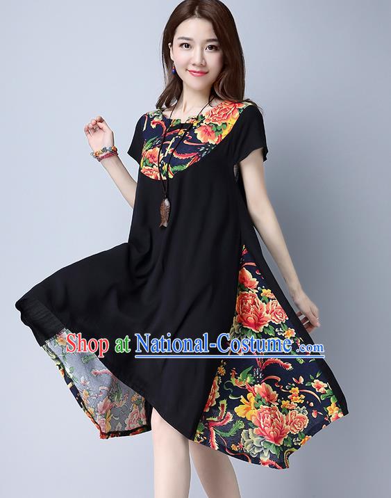 Traditional Ancient Chinese National Costume, Elegant Hanfu Mandarin Qipao Linen Peony Flowers Black Dress, China Tang Suit Chirpaur Republic of China Cheongsam Upper Outer Garment Elegant Dress Clothing for Women