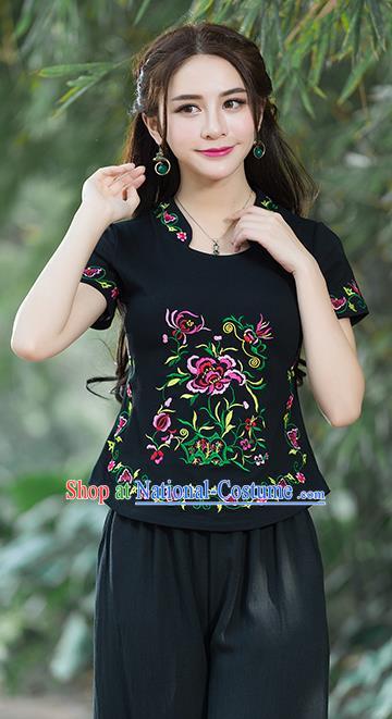 Traditional Chinese National Costume, Elegant Hanfu Embroidery Flowers Stand Collar Black T-Shirt, China Tang Suit Republic of China Chirpaur Blouse Cheong-sam Upper Outer Garment Qipao Shirts Clothing for Women