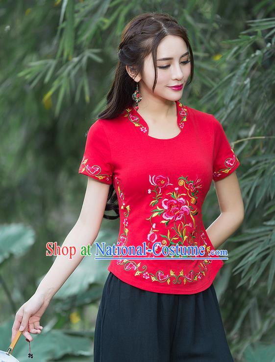 Traditional Chinese National Costume, Elegant Hanfu Embroidery Flowers Stand Collar Red T-Shirt, China Tang Suit Republic of China Chirpaur Blouse Cheong-sam Upper Outer Garment Qipao Shirts Clothing for Women