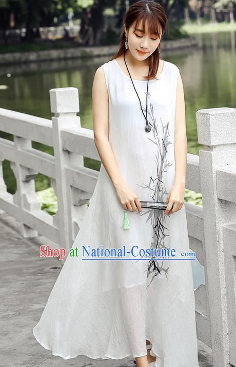 Traditional Ancient Chinese National Costume, Elegant Hanfu Mandarin Qipao Linen Ink Painting Bamboo Dress, China Tang Suit Chirpaur Republic of China Cheongsam Upper Outer Garment Elegant Dress Clothing for Women