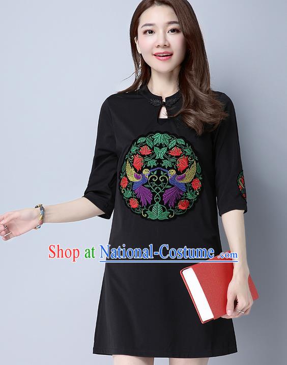 Traditional Ancient Chinese National Costume, Elegant Hanfu Mandarin Qipao Patch Embroidery Black Dress, China Tang Suit Plated Button Chirpaur Republic of China Cheongsam Upper Outer Garment Elegant Dress Clothing for Women