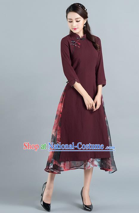 Traditional Ancient Chinese National Costume, Elegant Hanfu Mandarin Qipao Stand Collar Dress, China Tang Suit Plated Button Chirpaur Republic of China Cheongsam Upper Outer Garment Elegant Dress Clothing for Women